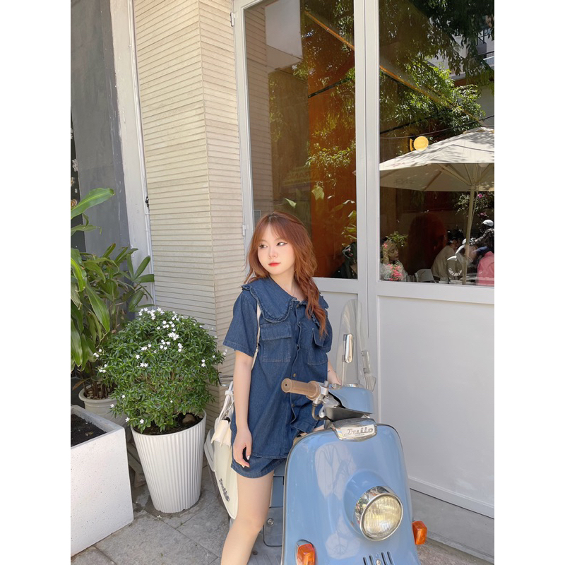 Deni Set - Set jean cổ bèo kèm quần short lưng chun