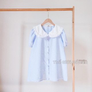 sơ mi bầu - áo bầu kẻ xanh phối cổ trắng mát mẻ đủ size 40-120kg