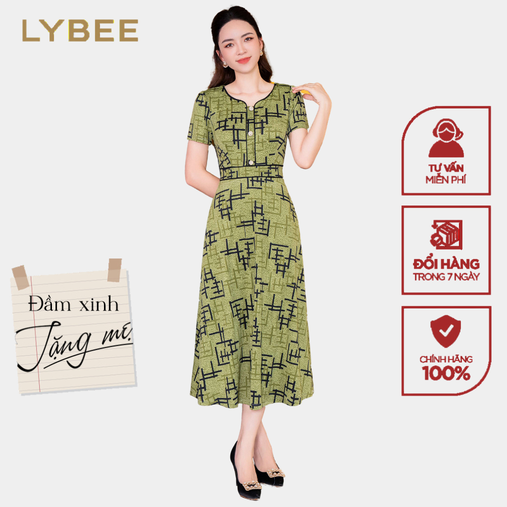 Đầm trung niên thiết kế LYBEE LVV071 chất liệu thun lụa sữa co giãn thoải mái cho mẹ đi chơi