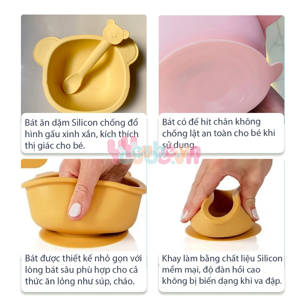 Bát Và Thìa Ăn Dặm Cho Bé Silicon YEUBEVN Có Đế Hít Chống Đổ Không Mùi An Toàn Cho Bé