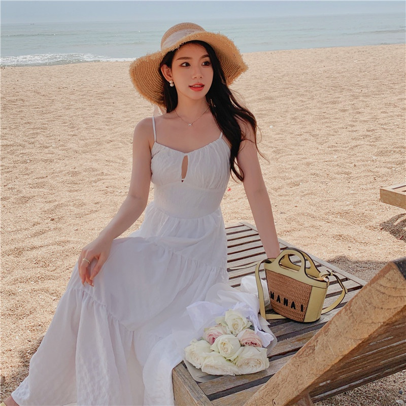 Váy INFLACHI đi biển dáng dài đầm maxi hai dây hở lưng cúp ngực hở vai sexy tôn dáng nâng ngực 5028 DK4T2