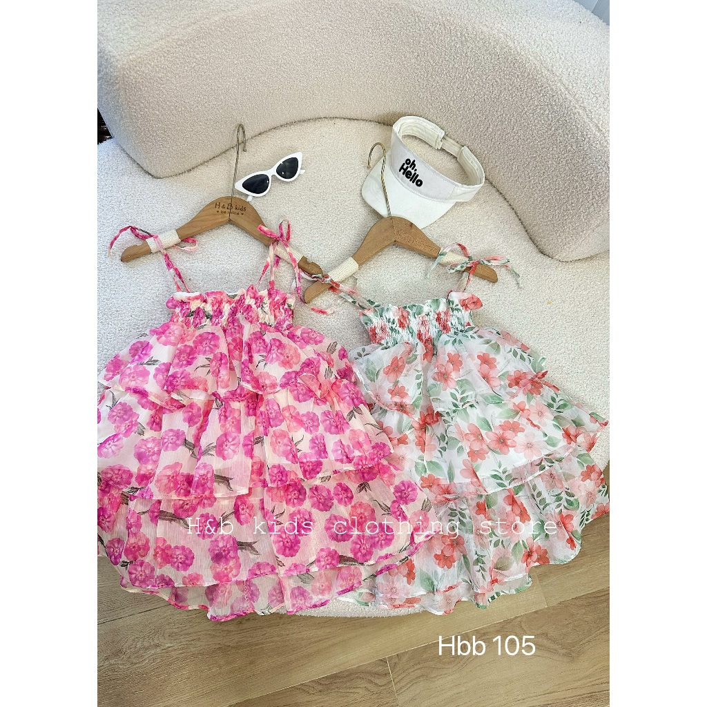 Váy cho bé gái , sét váy 2 dây vải tơ voan hoa 3 tầng siêu mềm cho bé diện hè 10-30kg