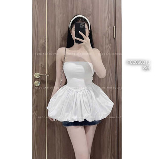 Set trắng áo quây xòe bồngphối quần short trắng! [BEXU]
