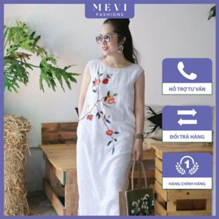 Đầm ba lỗ màu trắng dáng suông chất liệu linen in hình sắc nét nổi bật  Mái Em _V8057