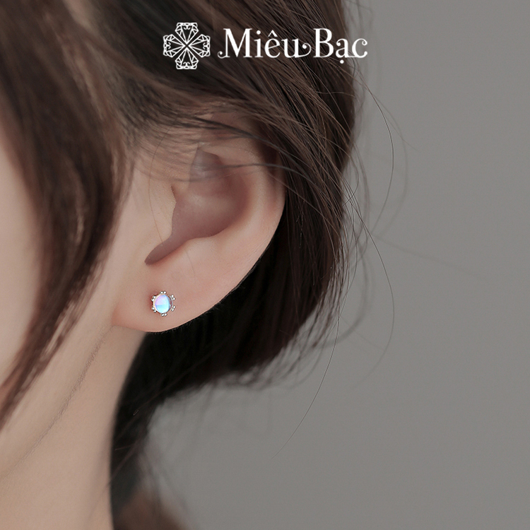 Bông tai bạc nữ Miêu Bạc khuyên tai đính đá mặt trăng 1 chiếc moonstone chốt vặn chất liệu bạc S925 MB37