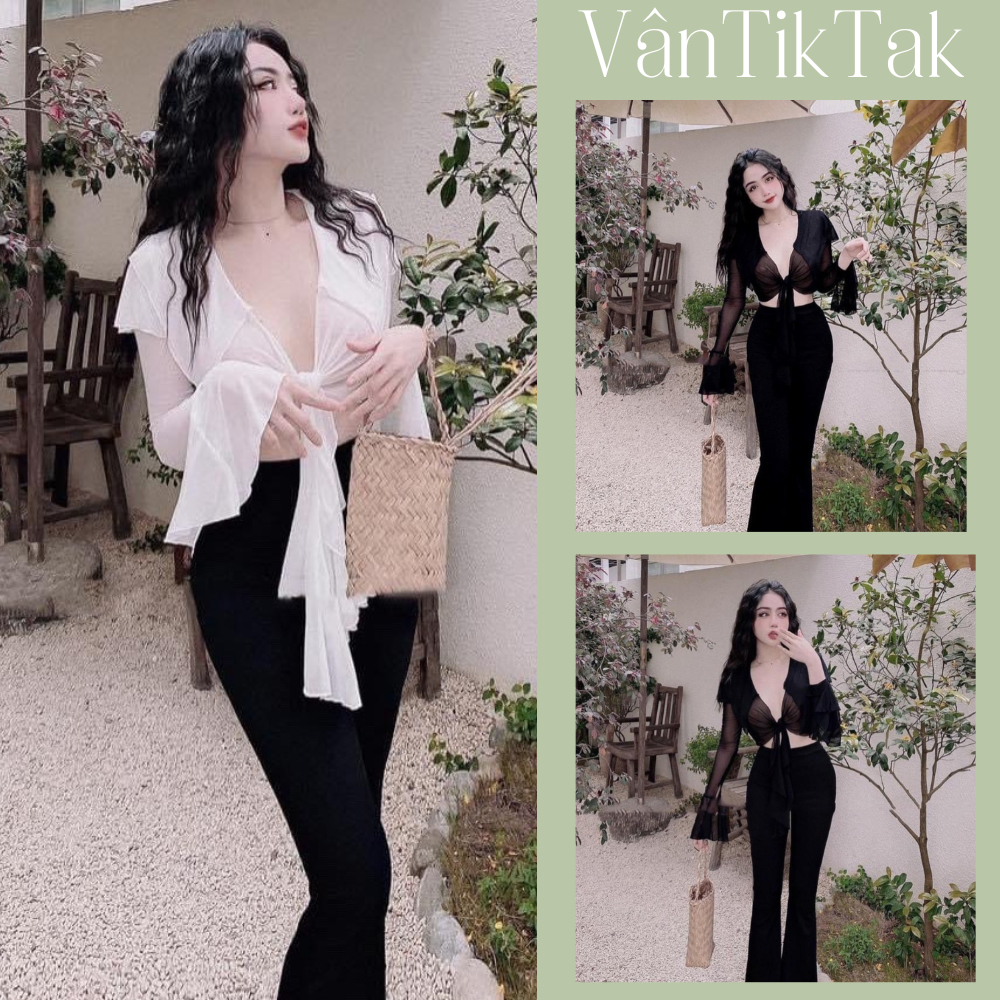 Set Áo Croptop Tay Loe Dài Xẻ Tà Quần Loe Đen Áo Kiểu Nữ Cột Nơ Ngực