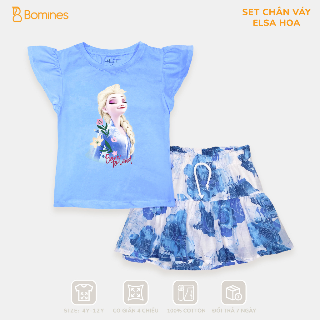 Váy cho bé gái Elsa BOMINES, Set bộ váy cotton hè mát mẻ chân váy có chip đùi cho bé 3y-12y từ 14-36kg SETCHANVAYELSAHOA