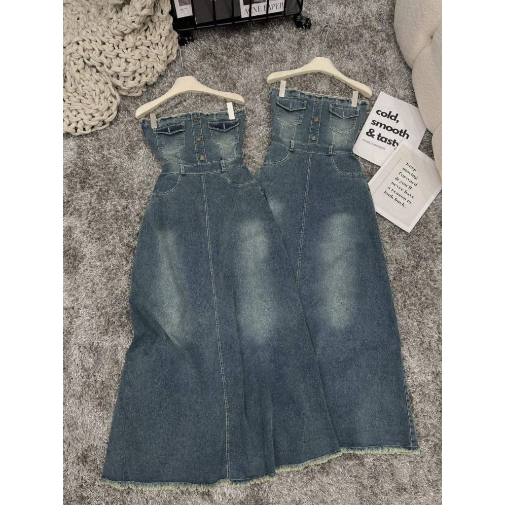 Váy jeans xòe cúp ngực phối tua rua chân váy cực hot