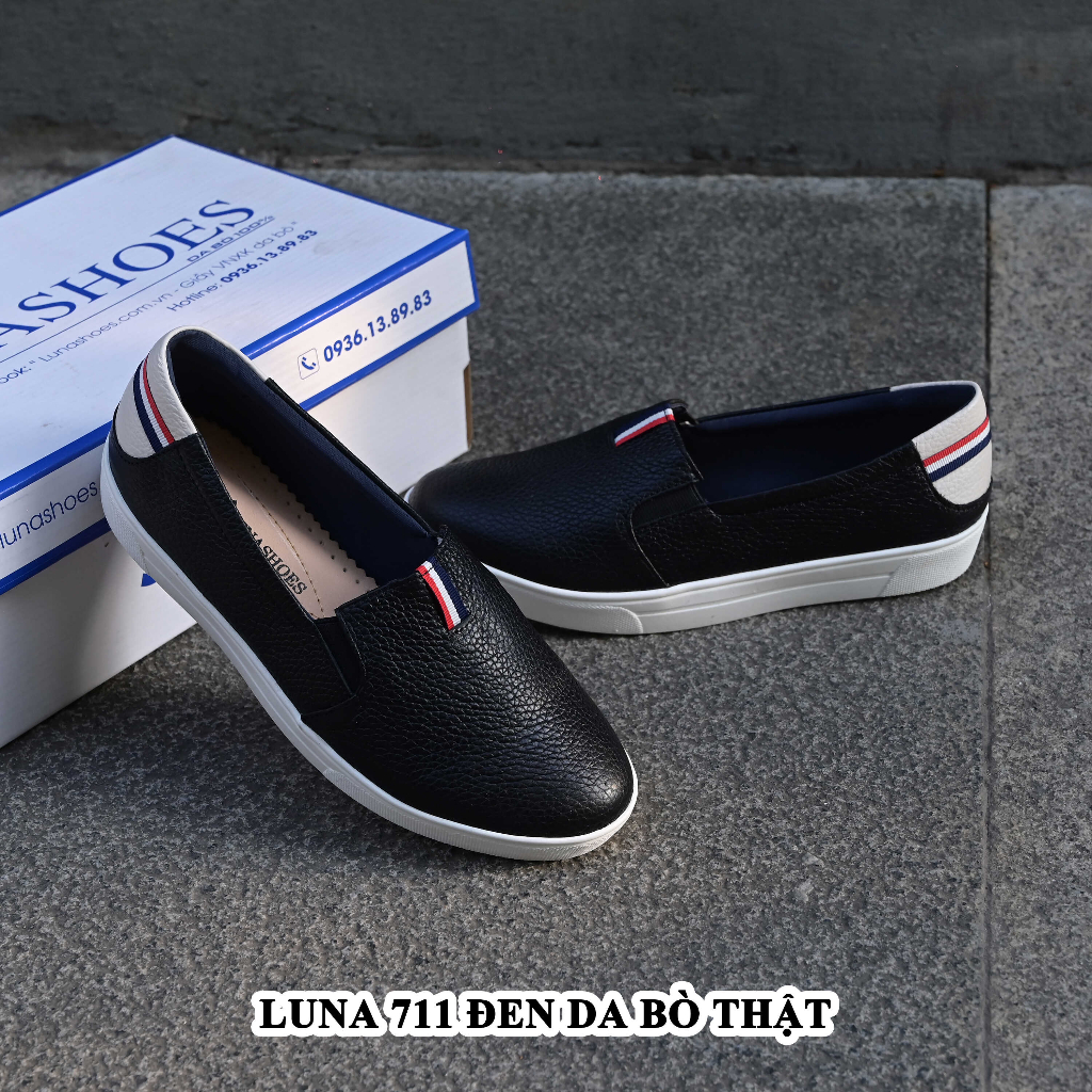 Giày slip on nữ LUNASHOES 711 cap 2p da bò thật mũi tròn có họa tiết đẹp có ảnh lên chân