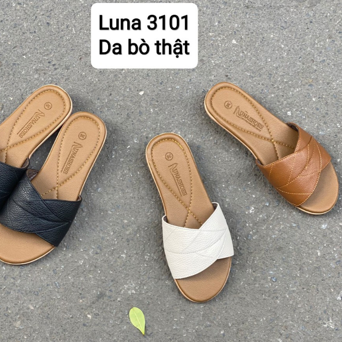 Dép quai ngang nữ 2p da bò mềm thêu lá LUNASHOES 6501 êm chân tiện lợi bảo hành lên tới 2 năm lỗi 1 đổi 1