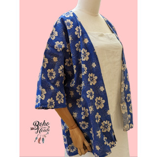 Áo khoác haori vải linen hoa xanh