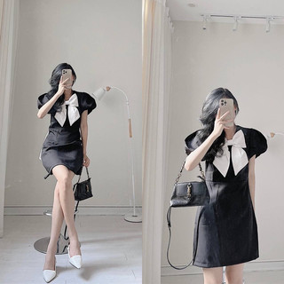Đầm Nữ Midi Màu Đen Phối Nơ Dễ Thương