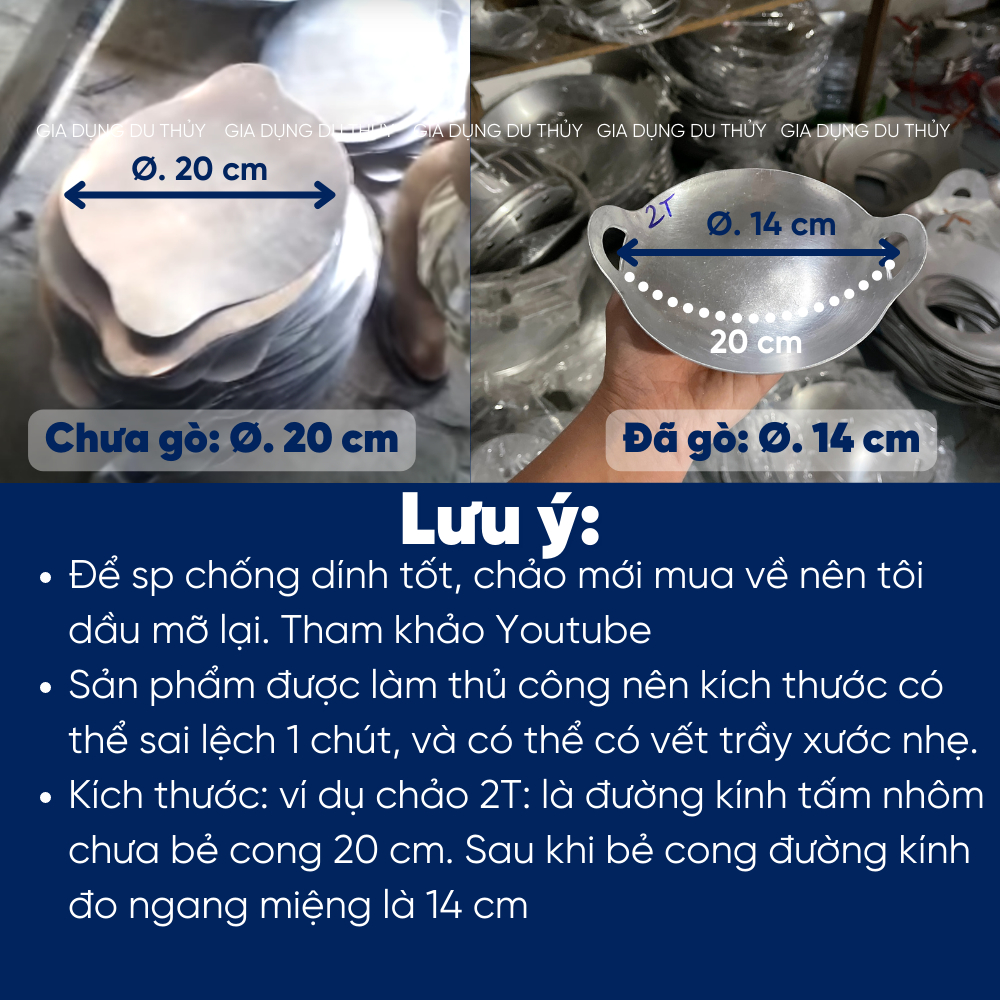 Chảo nhôm máy bay quai liền size nhỏ dùng làm chảo kho quẹt, chảo đổ bánh bò nướng thốt nốt size 20-32, đường kính 14 cm