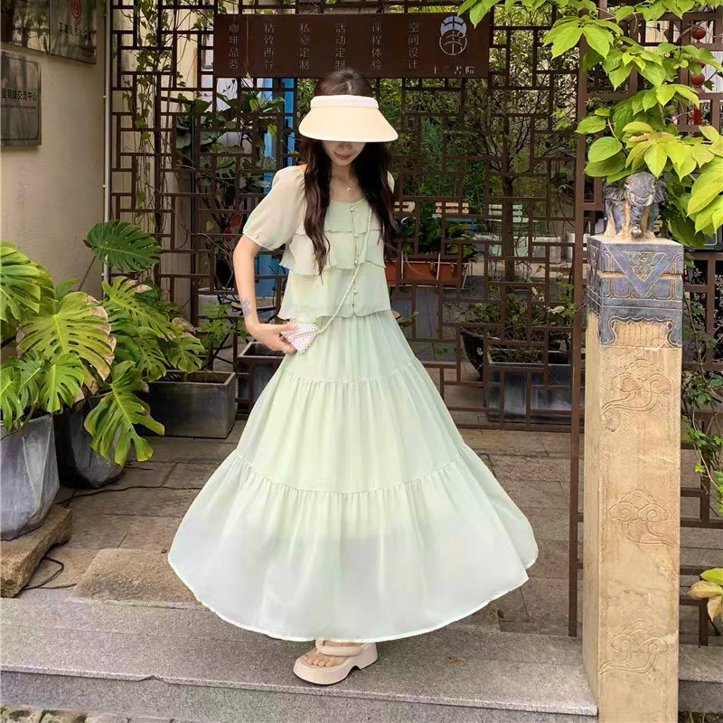 V204 Set áo chân váy dài tầng xanh pastel tiểu thư nhẹ nhàng mùa hè phong cách Pháp Retro Vintage Taobao mới 2023