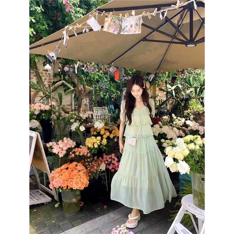 V204 Set áo chân váy dài tầng xanh pastel tiểu thư nhẹ nhàng mùa hè phong cách Pháp Retro Vintage Taobao mới 2023