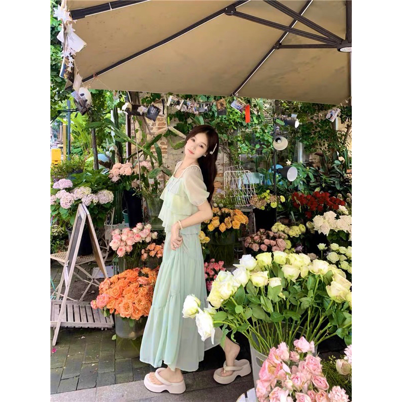 V204 Set áo chân váy dài tầng xanh pastel tiểu thư nhẹ nhàng mùa hè phong cách Pháp Retro Vintage Taobao mới 2023