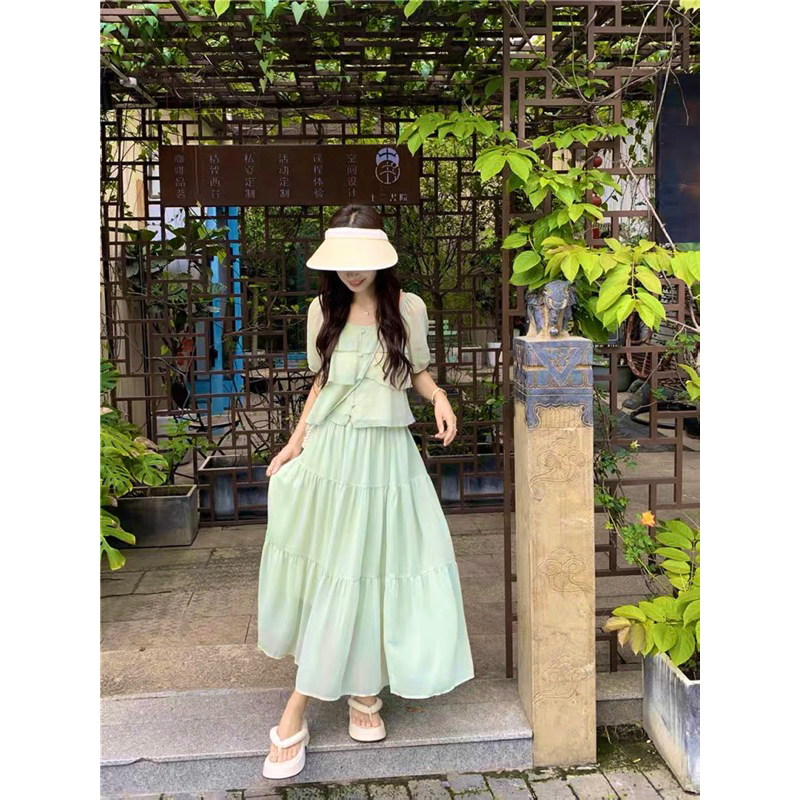 V204 Set áo chân váy dài tầng xanh pastel tiểu thư nhẹ nhàng mùa hè phong cách Pháp Retro Vintage Taobao mới 2023