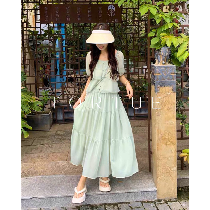 V204 Set áo chân váy dài tầng xanh pastel tiểu thư nhẹ nhàng mùa hè phong cách Pháp Retro Vintage Taobao mới 2023