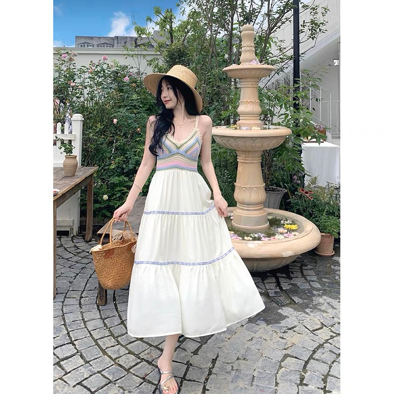V206 Đầm váy dài hai dây đan len đi biển nhẹ nhàng mùa hè phong cách Pháp Retro Vintage Taobao mới 2023