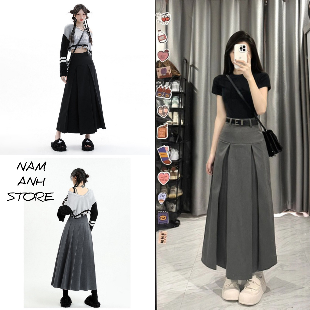 Chân Váy Ulzzang Xếp Ly Dáng Dài Lưng Cao Hai Màu Đen Ghi Lên From Xinh MA606 ( Tặng Kèm Đai Lưng )