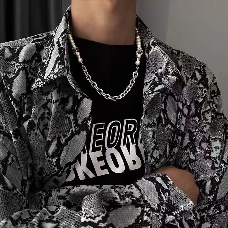 Bộ vòng cổ nam và vòng tay giả ngọc chuỗi hạt tròn mix xích titan cực chất