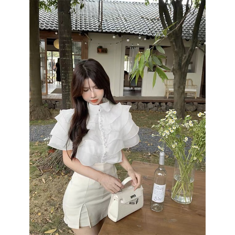 áo sơ mi viền bèo tầng hai màu tay ngắn cài cúc chuỗi ( thời trang bigsize vicky.g - anitagreen) n623