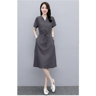Váy sơ mi nữ công sở cổ V nhiều màu xinh, chất liệu Linen thoáng mát, có dây rút eo tùy chỉnh