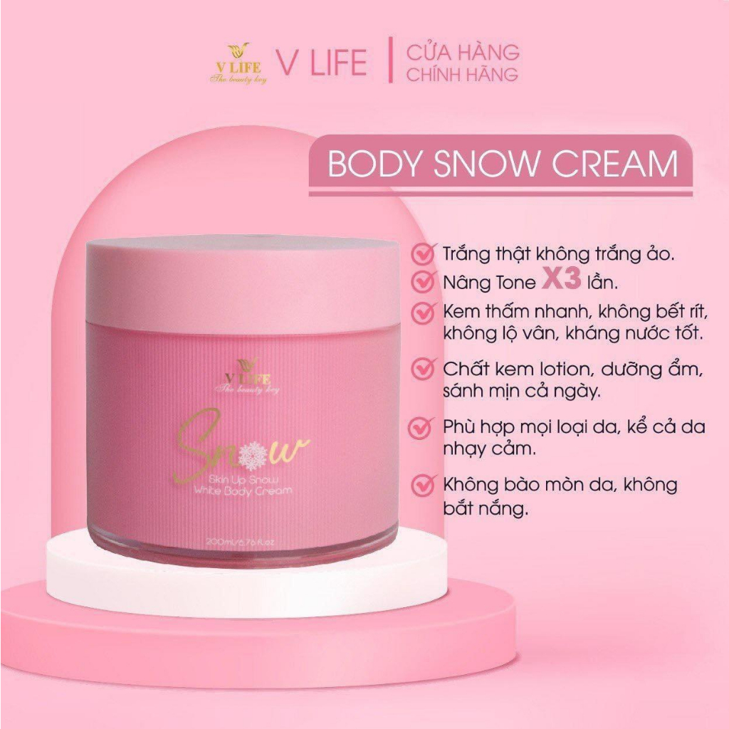 Kem dưỡng trắng da body Snow 200ml V Life: Dưỡng ẩm, trắng da, se khít lỗ chân lông thoa lên da nâng từ 2-3 tone