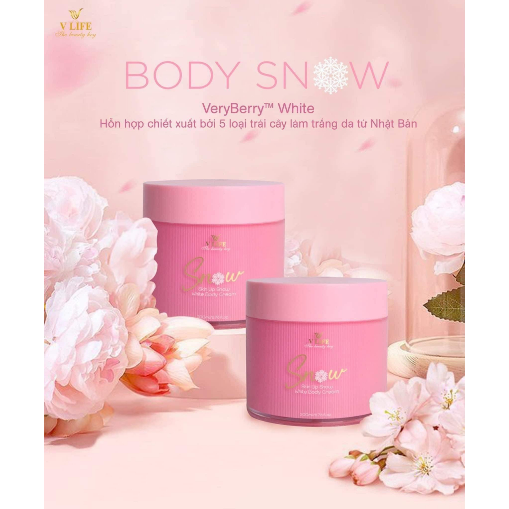 Kem dưỡng trắng da body Snow 200ml V Life: Dưỡng ẩm, trắng da, se khít lỗ chân lông thoa lên da nâng từ 2-3 tone