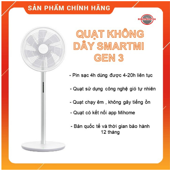 Quạt tích điện thông minh Xiaomi Smartmi Gen 3- Bản quốc tế- Bảo hành 12 tháng