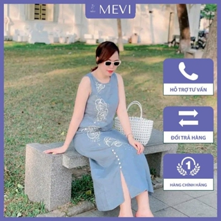 Váy màu xanh trời chất liệu Linen thời trang_V8050