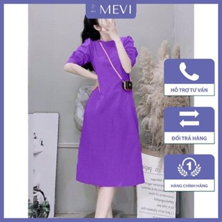 Đầm linen, đầm thiết kế dáng suông tay phồng màu tím thời trang Mevi _V2123