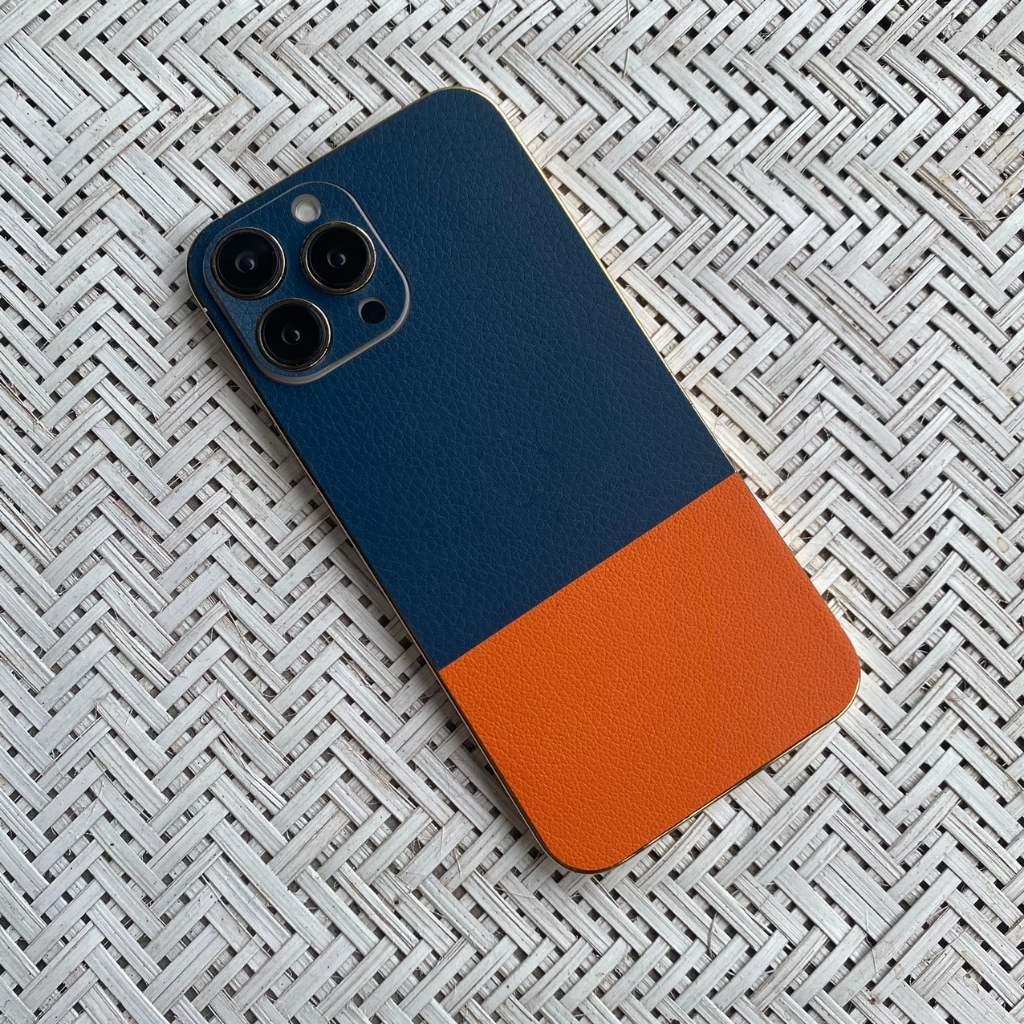 Dán skin iphone vân da 3M, Miếng dán điện thoại mix màu cam xanh có mọi dòng máy CX1