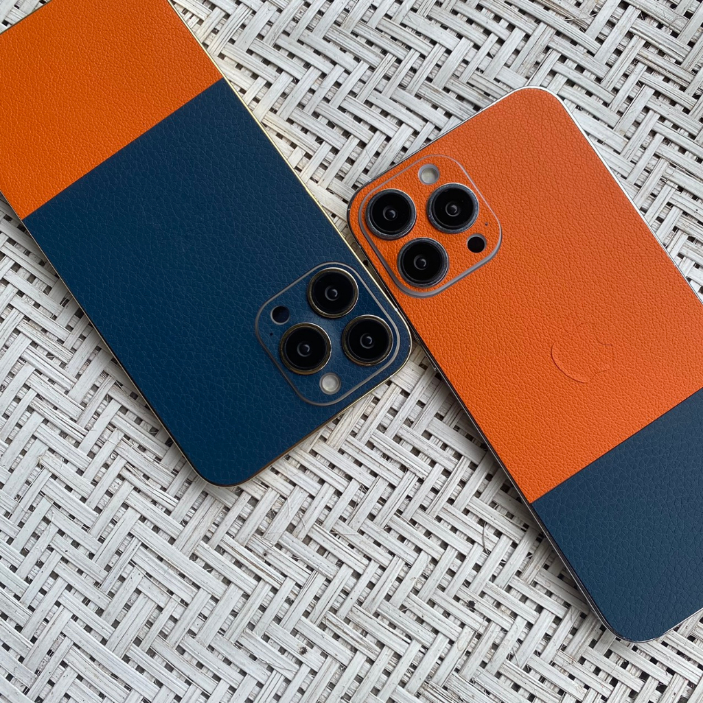 Dán skin iphone vân da 3M, Miếng dán điện thoại mix màu cam xanh có mọi dòng máy CX1