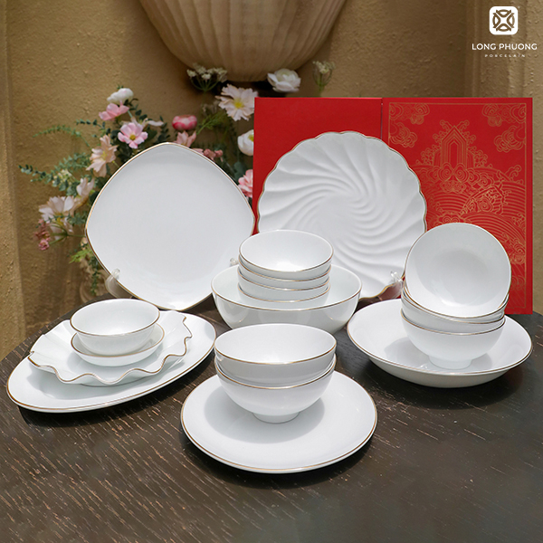 Bộ bát đĩa Hoàng Kim – Sứ trắng viền vàng - 19 món