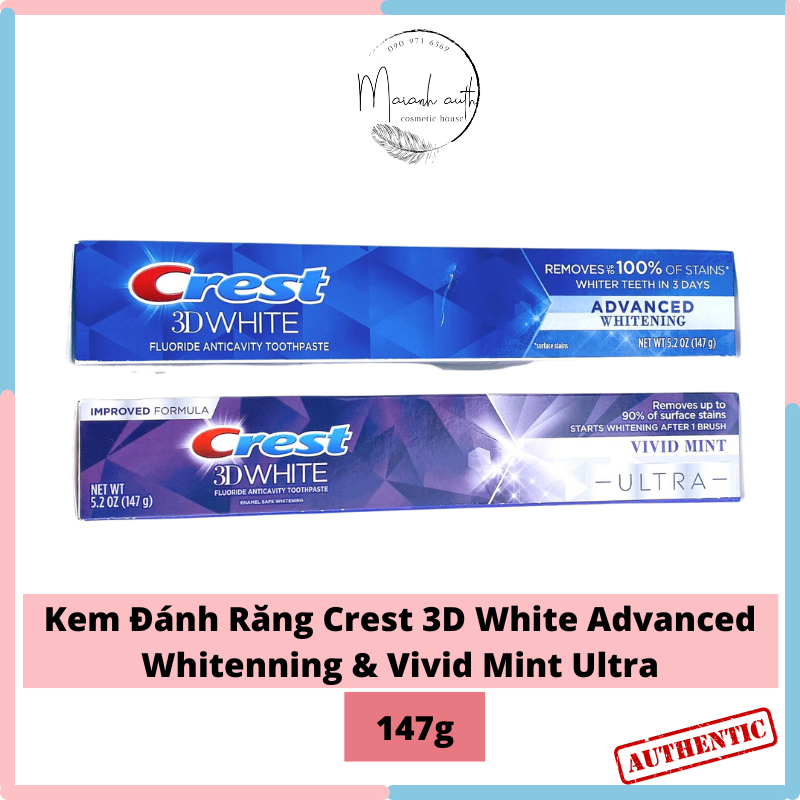 Kem Đánh Răng Crest 3D White Advanced Whitening & Vivid Mint Ultra 147g