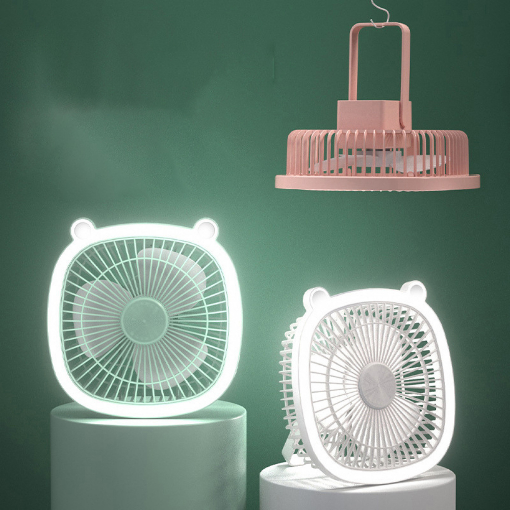 Quạt Tích Điện, Quạt Mini Để Bàn, Treo Tường Hình Tai Mèo, 3 Chế Độ Gió, Tích Hợp Đèn Led Kiêm Đèn Ngủ, Sạc Pin USB
