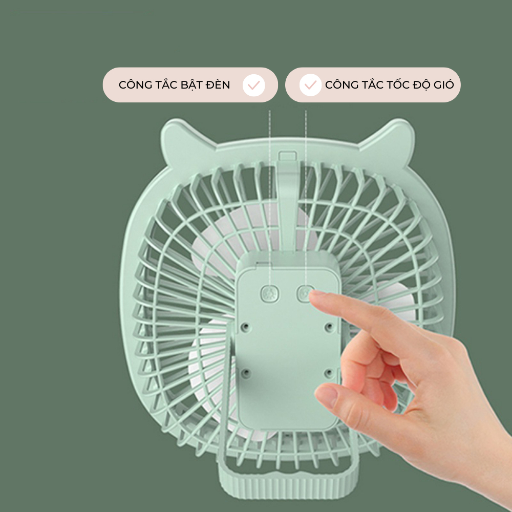 Quạt Tích Điện, Quạt Mini Để Bàn, Treo Tường Hình Tai Mèo, 3 Chế Độ Gió, Tích Hợp Đèn Led Kiêm Đèn Ngủ, Sạc Pin USB