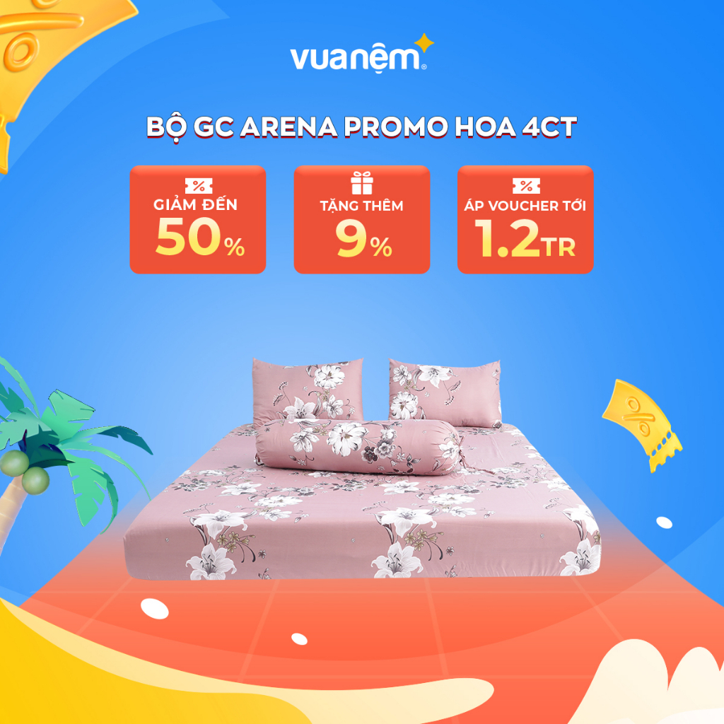 [QUÀ TẶNG] Bộ ga giường chun Vua Nệm Arena Venus Promo hoa/kẻ 4CT, thoáng mát phân phối bởi Vua Nệm