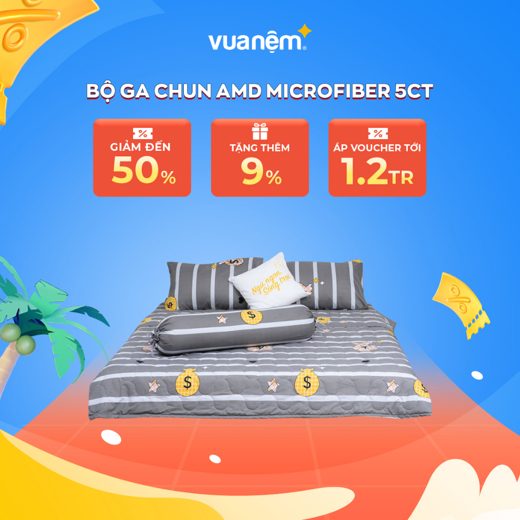 Bộ ga giường chun Amando Microfiber 5CT cao cấp, thấm hút kháng khuẩn tốt phân phối bởi Vua Nệm