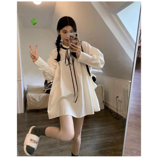 Đầm babydoll sơ mi trắng cột nơ đen tay dài form rộng tinh khôi PC