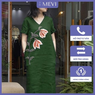 Đầm linen dáng suông cổ tim tay ngắn in hoa tiết màu xanh rêu thời trang MEVI _V6172