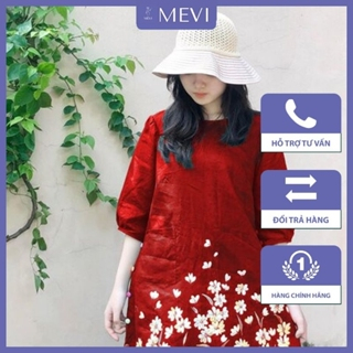 Đầm linen tay lửng cổ tròn in họa tiết thời trang MEVI _V9215