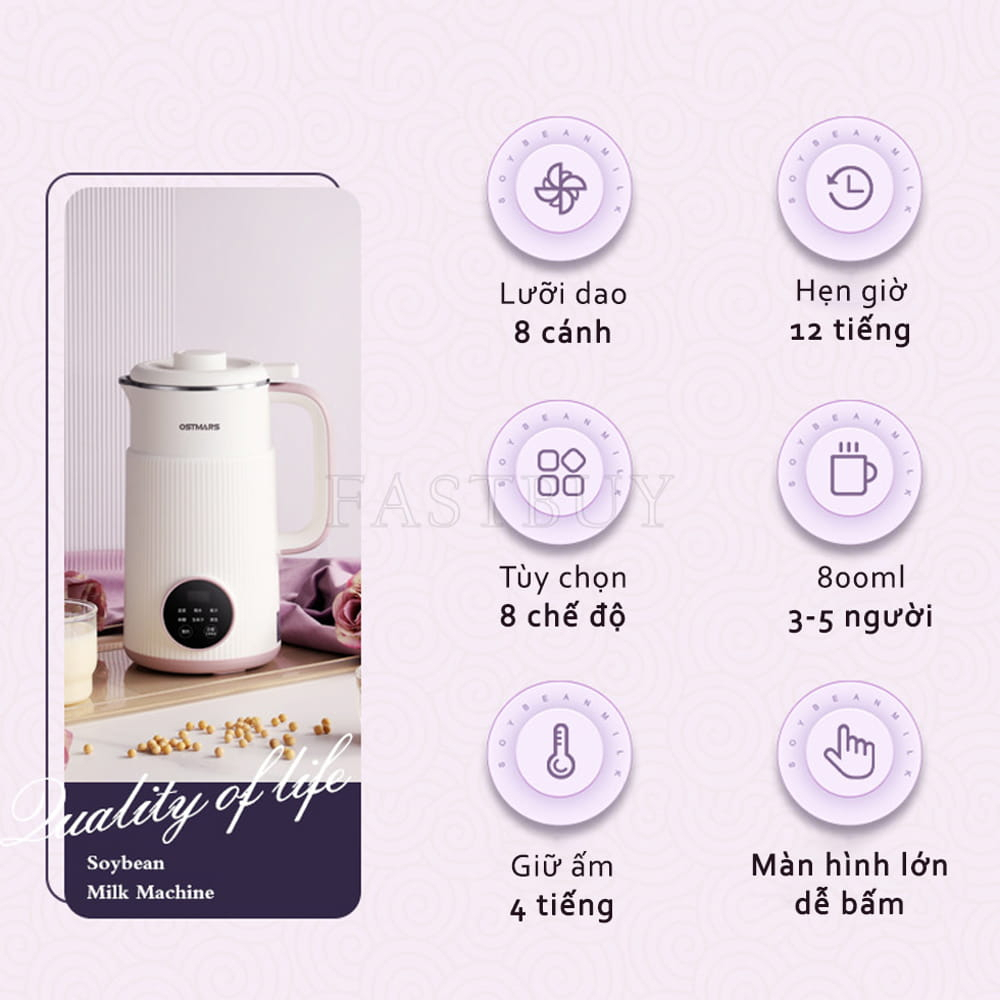 Máy Làm Sữa Hạt OSTMARS Dung Tích 800ml, Máy Nấu Sữa Hạt Mini Đa Chức Năng, Chế Độ Hẹn Giờ, Công Suất 600W Nhanh và Mịn