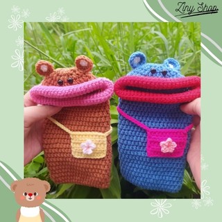 Túi đựng điện thoại hình gấu miệng rộng bằng len handmade