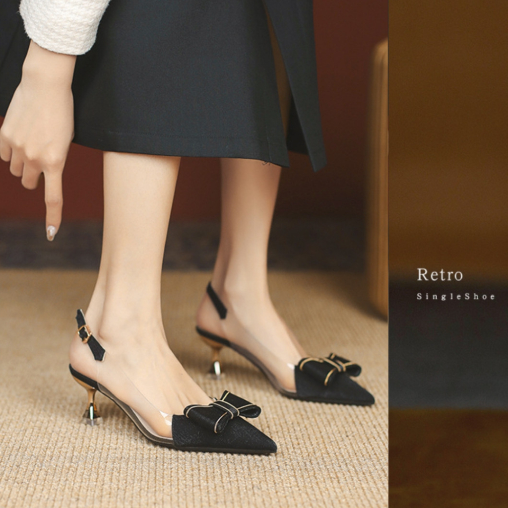 Giày hở gót nữ 5p mũi nhọn lụa xước mềm charm nơ bít mũi thời trang công sở đẹp -Dazzling Shoes DA791