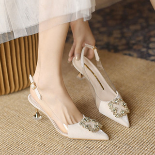  Giày hở gót nữ 5p mũi nhọn da vân mềm charm đá bít mũi thời trang công sở đẹp -Dazzling Shoes DA755 