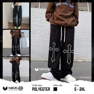 (Sẵn Đen) Quần nỉ suông ống rộng chữ thập đen trắng unisex nam nữ cá tính thể thao hiphop dance đường phố