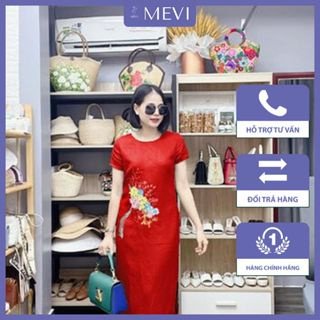 Đầm suông màu đỏ tay ngắn cổ tròn có in hình hoa chất liệu linen thời trang nữ nổi bật MEVI Mái Em _V9198