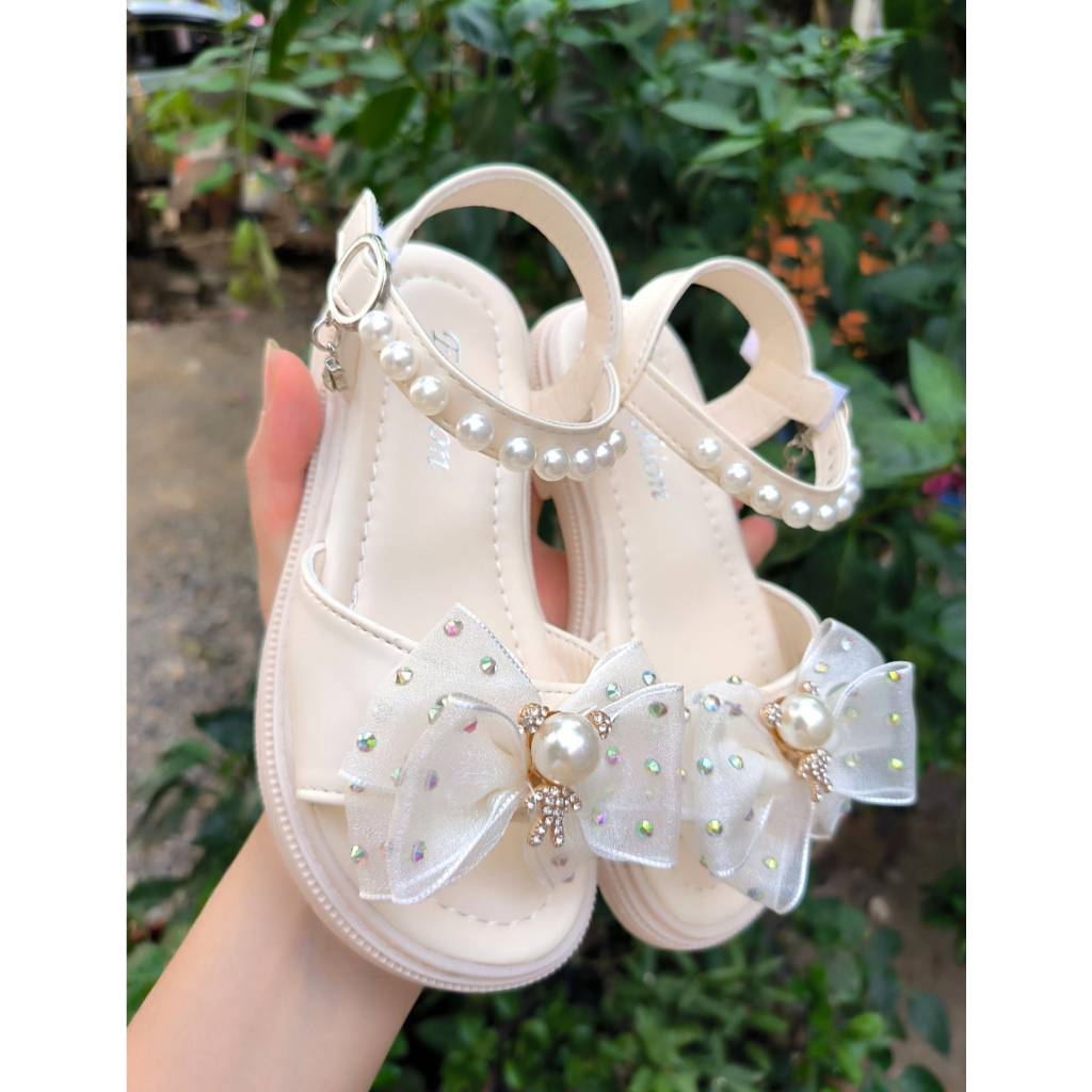 Dép Sandal Bé Gái Quai Đính Nơ Gấu Ngọc Xinh Xắn, Dép Quai Hậu Dép Công Chúa Cho Bé Gái Êm Nhẹ